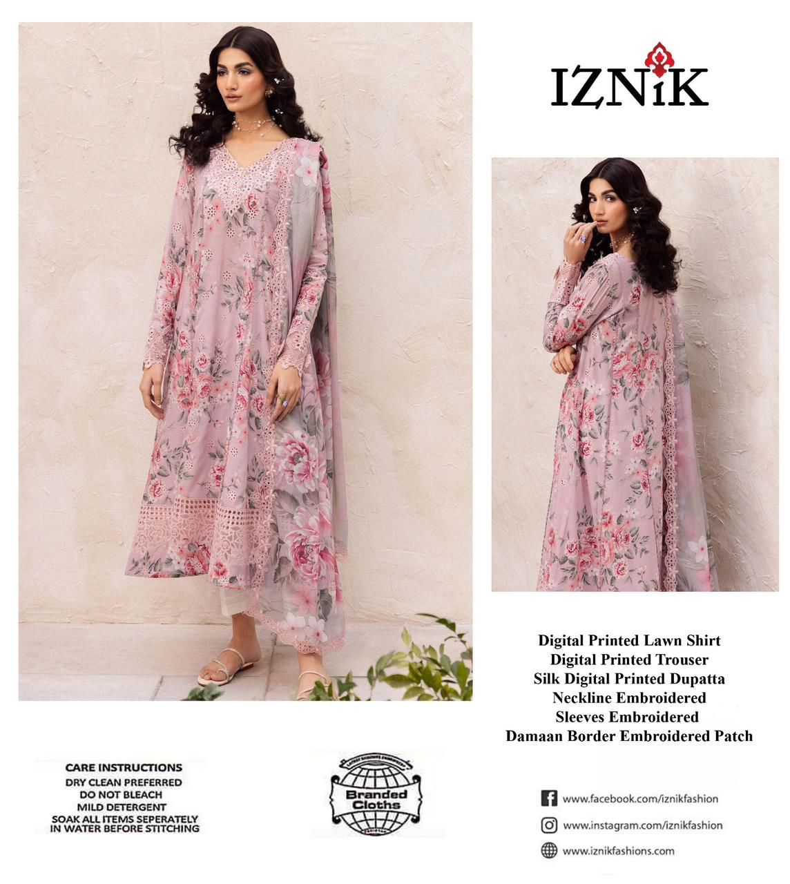 IZNIK DALFAH-W10 PREMIUM PURE DIGITAL PRINTED LAWN CHIKANKARI WITH PURE SILK EMB DUPPATA - Wearza