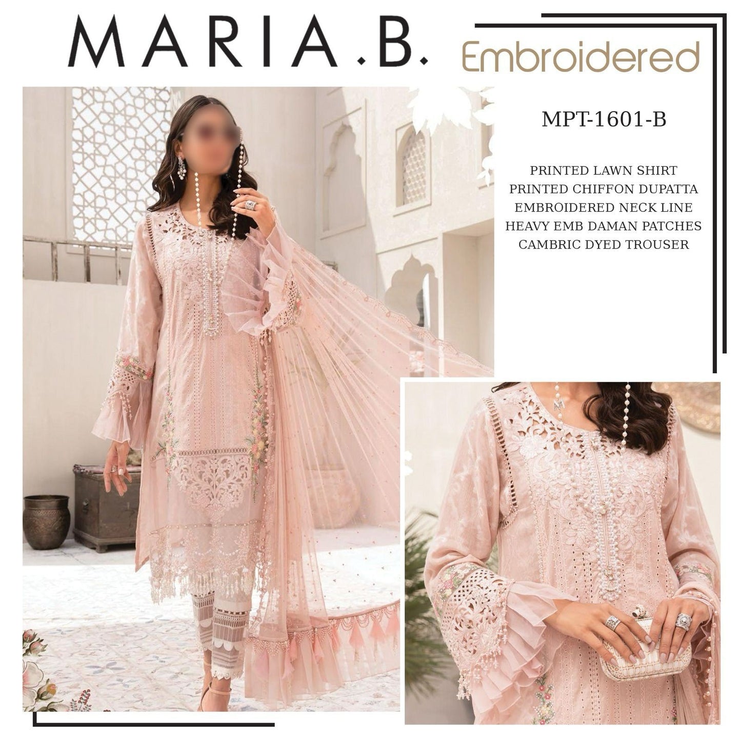 Maria B M-PRINT Wz-240 Pure Luxury Lawn Emb With Pure Chiffon Duppata -Summer Collection 24 - Wearza