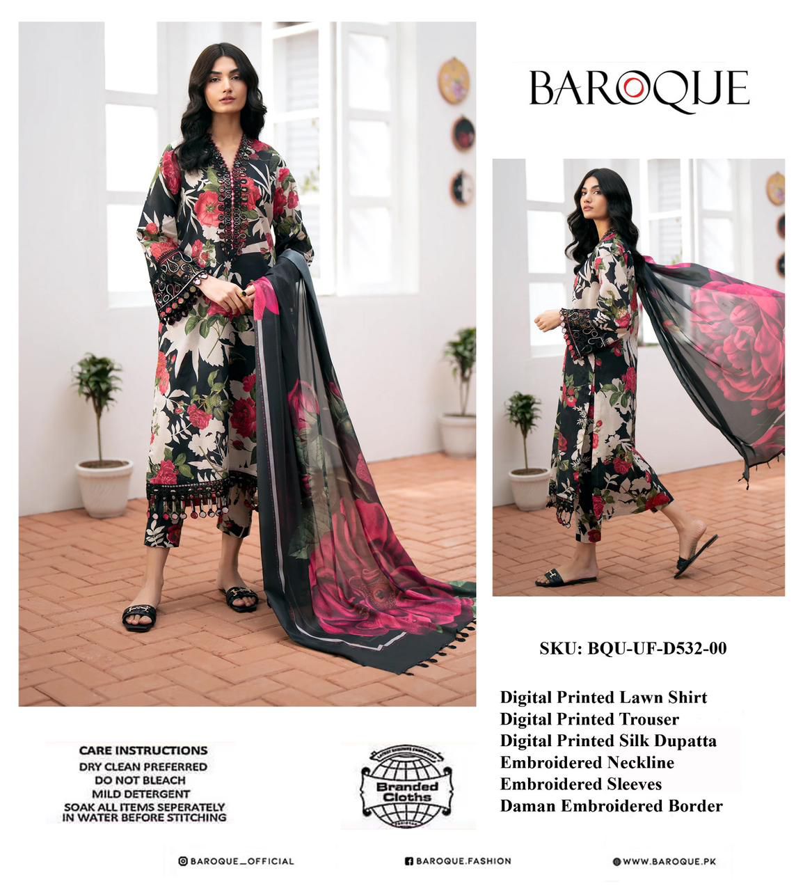 Baroque Wz-208 Pure Luxury Lawn Emb With Silk Duppata 2-Summer Collection 24 - Wearza