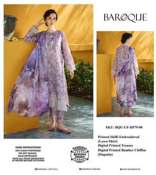 Baroque Pure Digital Printed Pure Lawn 3Pc With Bhimber Chiffon Duppata 2024 WEARZA