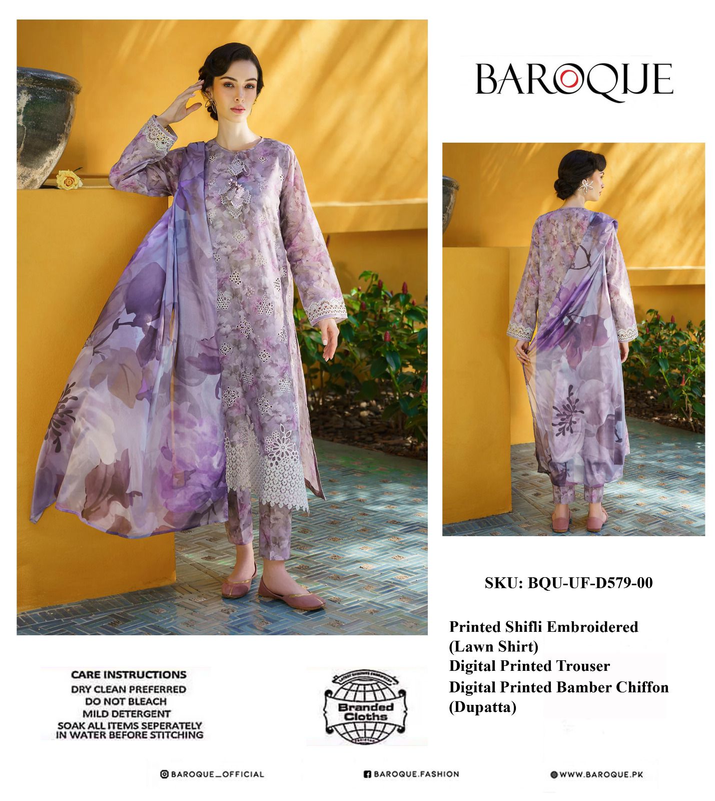 Baroque Design Wz-401 Premium Pure Lawn With Bhimber Chiffon Duppata 2024 WEARZA