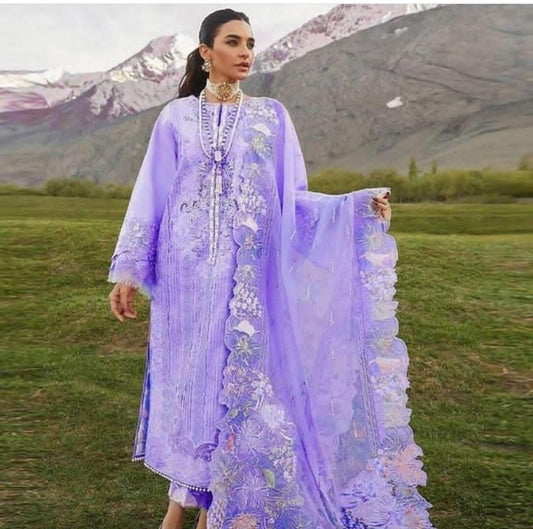 Crimson Most Hit Design In New Color Lilac Premium Pure Lawn With Organza Duppata 2024 WEARZA