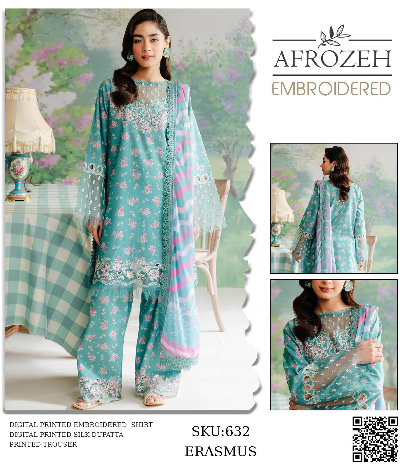 Afrozeh Wz-453 Premium Pure Lawn With Indian Silk Duppata 2024 WEARZA