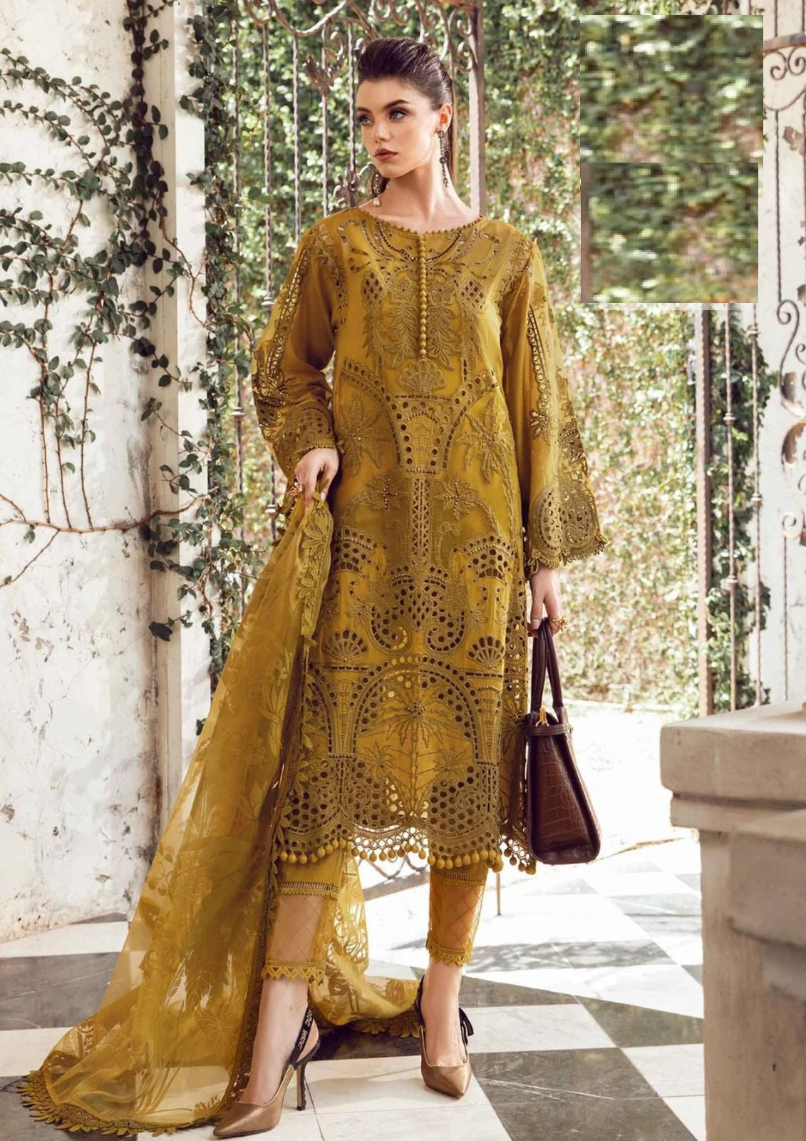 Maria B Most Hit Code Gold Premium Pure Lawn With Pure Organza Duppata 2024 WEARZA