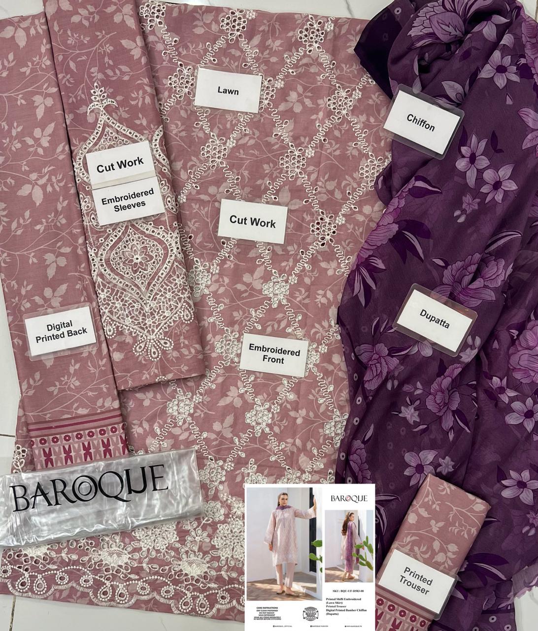 Baroque Wz-560 Luxury Premium Pure Lawn With Pure Chiffon Duppata 2024 WEARZA