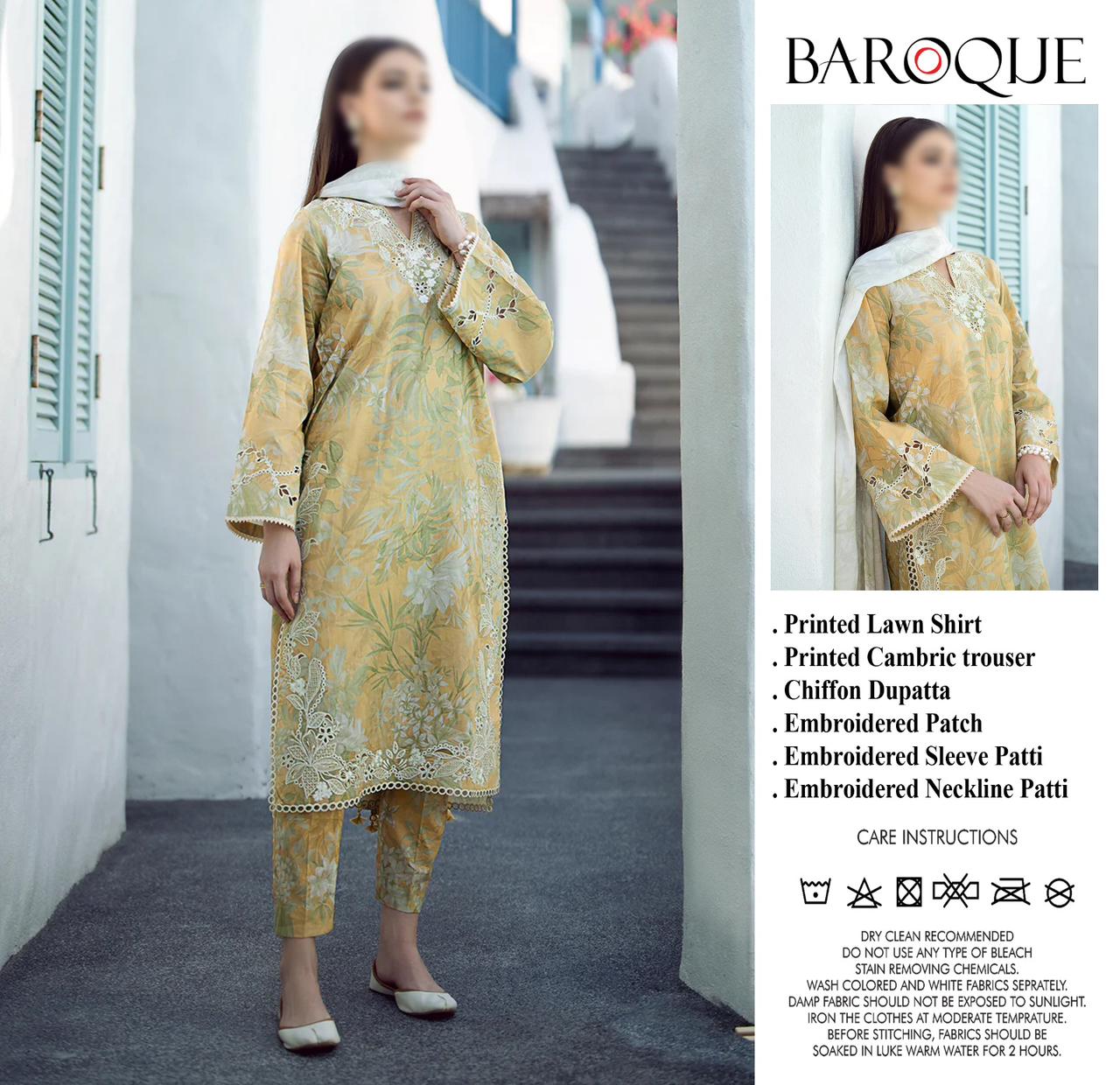 Baroque Wz-321 Premium Pure Lawn Chikankari WIth Pure Chiffon Duppata 2024 Summer Collection WEARZA