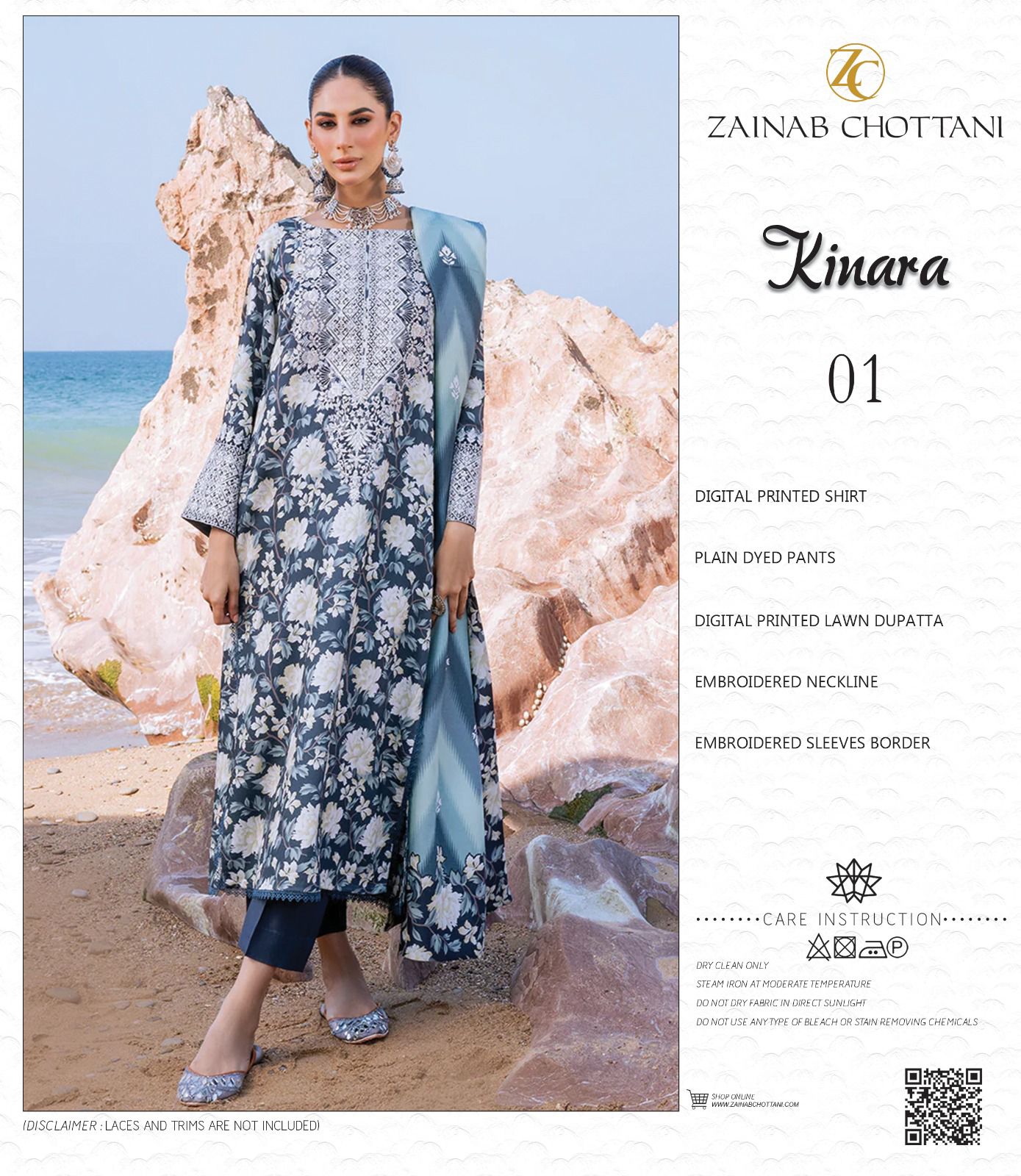 Zainab Chottani Kinara Wz-323 Premium Pure Lan With Digital Lawn Duppata Summer Dress-24 WEARZA