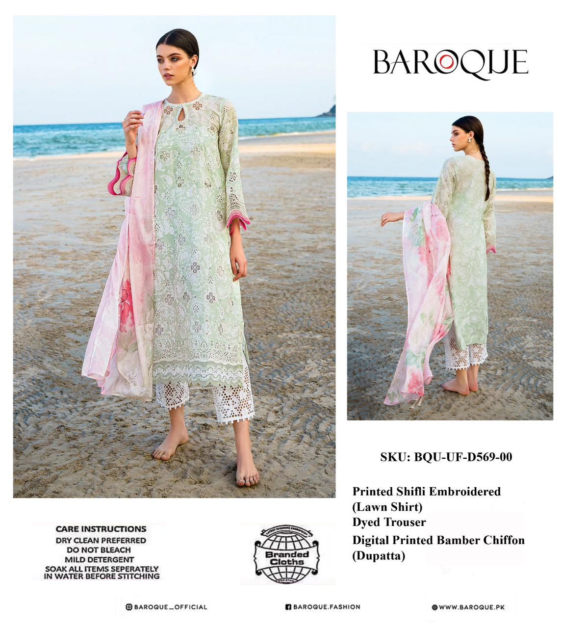 Baroque Wz-569 Pure Digital Printed Lawn Chikankari Emb WIth Chiffon Duppata 2024 WEARZA