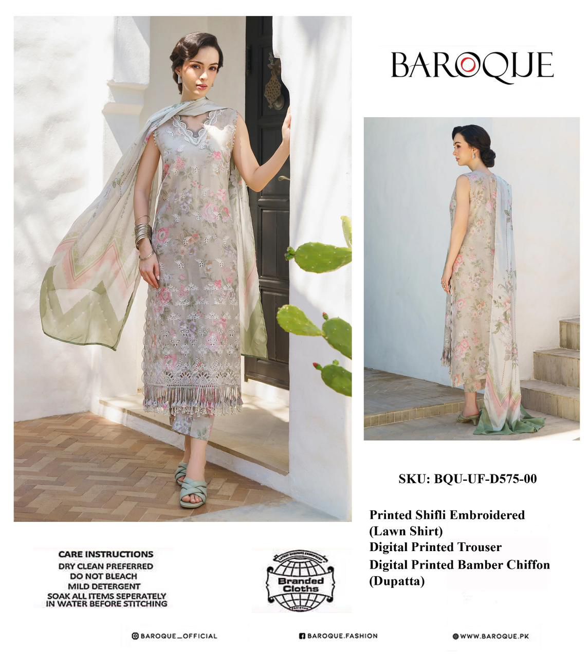 Baroque Wz-575 Premium Pure Chikankari Lawn With Pure Chiffon duppata 24 WEARZA