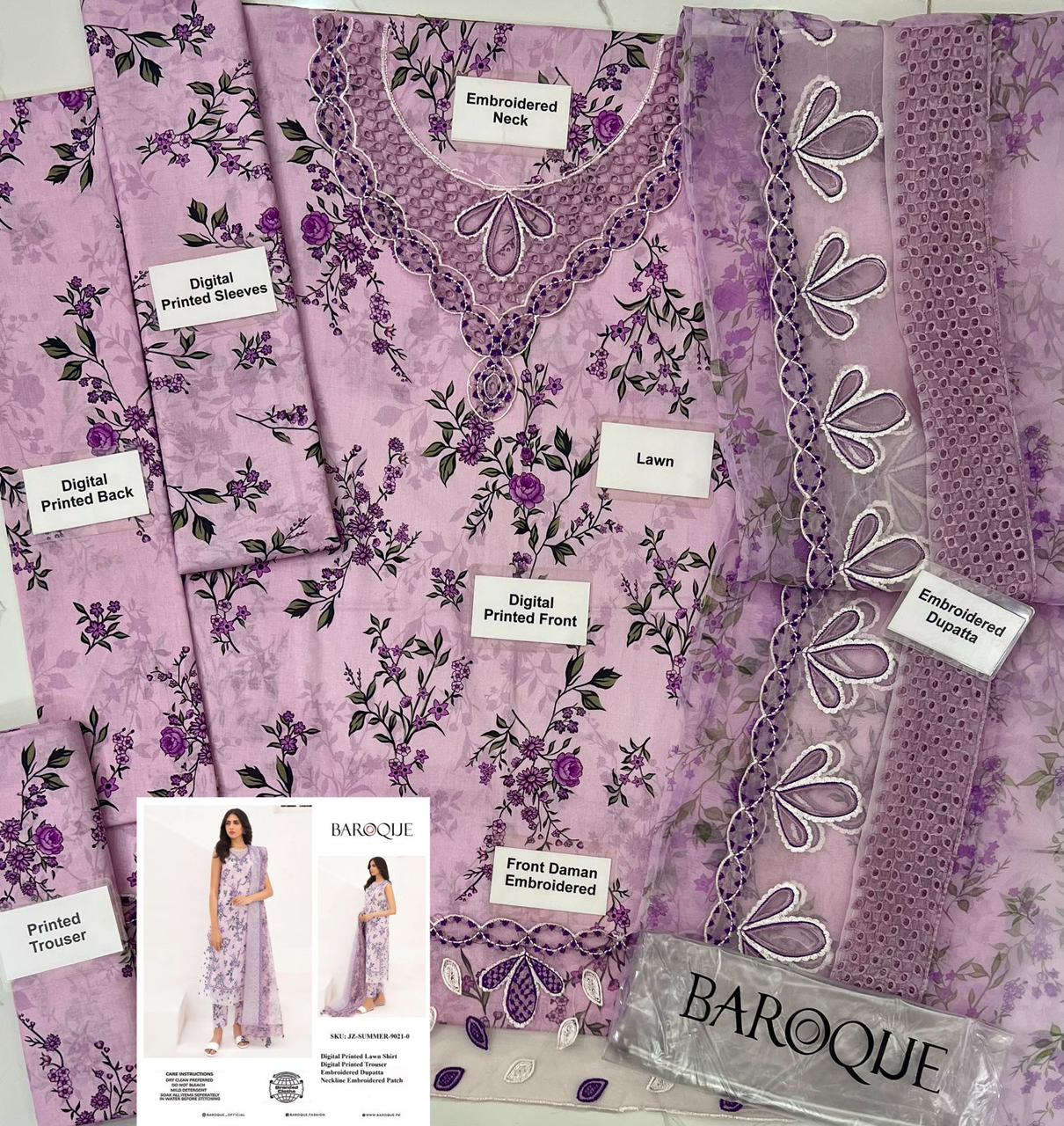 Baroque Premium Pure Lawn With Digital Printed Organza Duppata 3Pc Dress2024