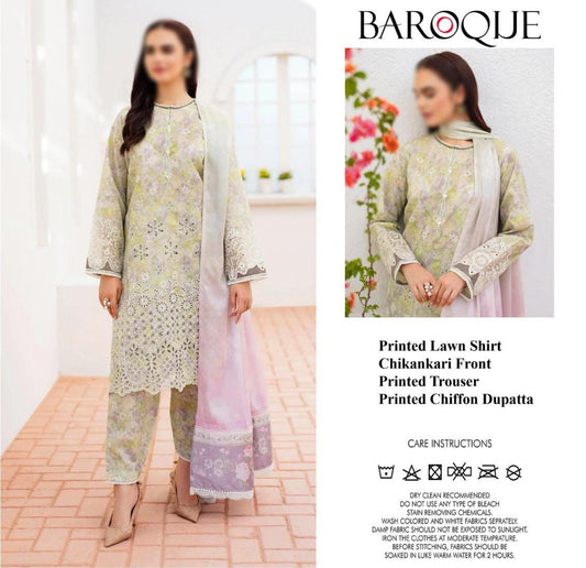 Baroque Premier Pure Lawn Dress With Chiffon Duppata  Winter Collection 2024