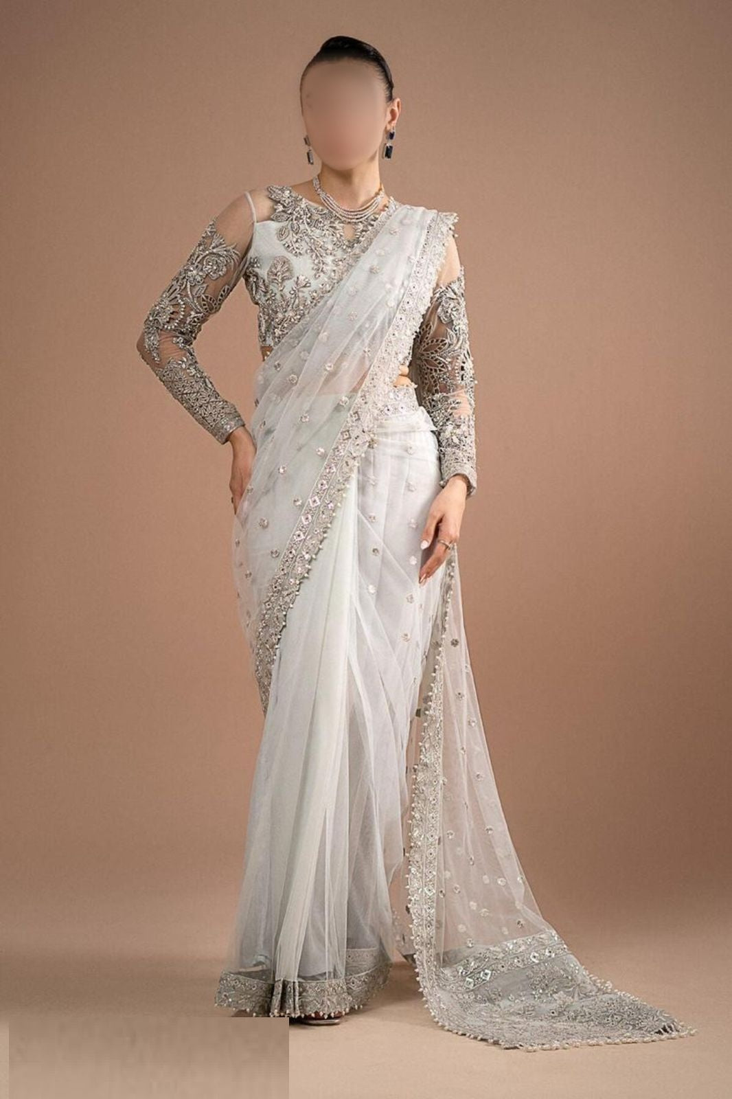 Maria b White Pure Net Pakistani Saree 2024