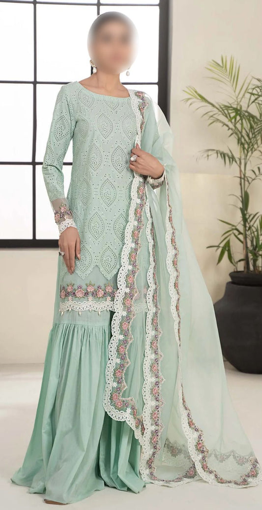 WEARZA PREMIUM PURE LAWN FULLY CHIKANKARI SUIT MOST DEMANDING DESIGN WITH ORGANZA DUPPATA 2024 - Wearza